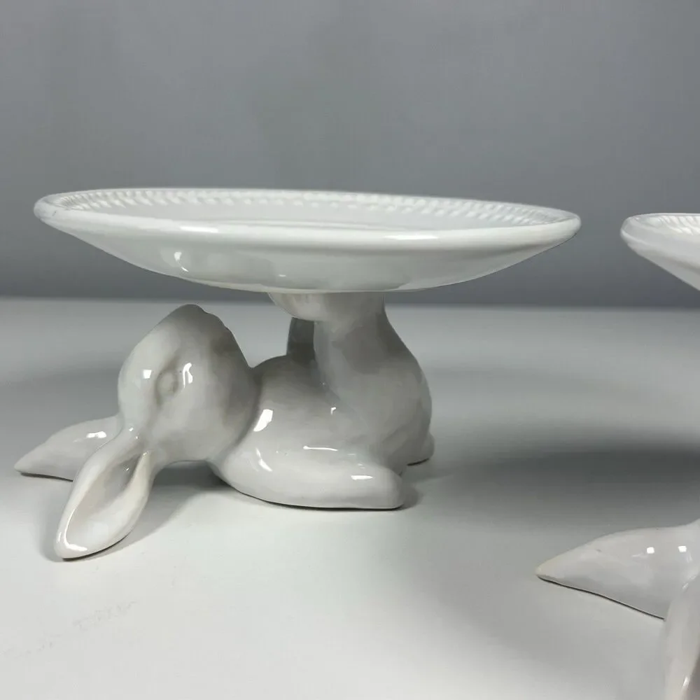 Pottery Barn Easter Bunny Dessert Cupcake Stand White Glazed Stoneware Set